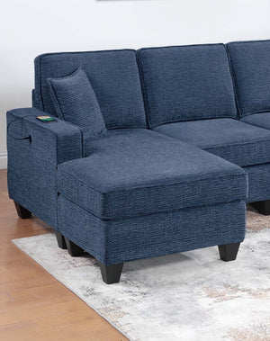 English Elm 3pc Chenille Sectional Sofa Set with Usb Charging Navy Modular Living Room Seating B011S02193