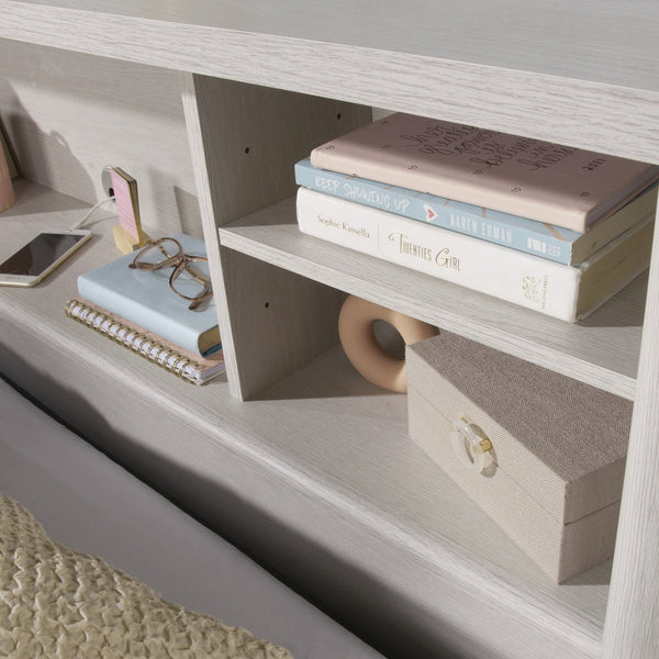 English Elm Full/Queen Bookcase Headboard White — Slim Engineered Wood, 2 Adjustable Shelves, Hidden Cord Access, Easy Assembly B356P402781