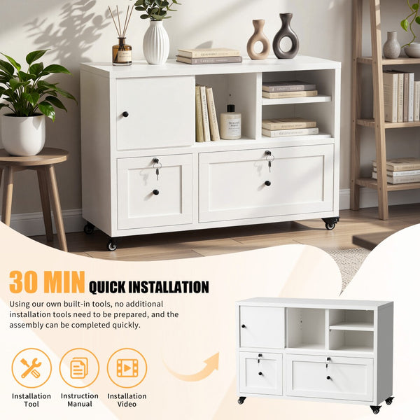English Elm 28"h White Steel Rolling File Cabinet Locking Drawers Quiet Slides Home Office T2398P465996