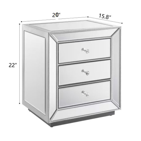 English Elm Three Drawer Mirrored Cabinet with Pearl Lacquer Finish and Crystal Pulls for Glam Decor W1005P416743
