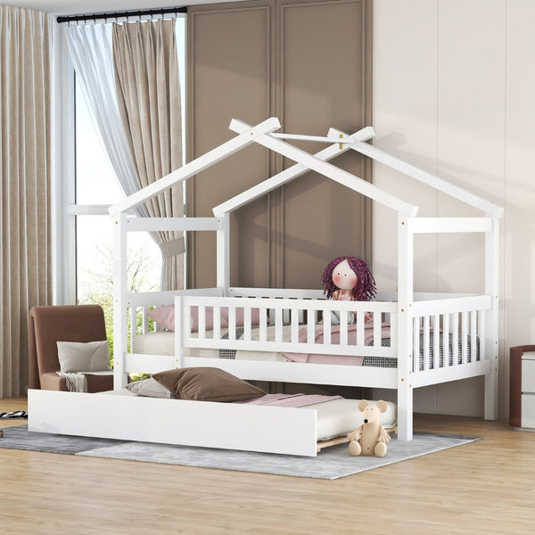 English Elm Twin House Bed with Trundle Solid Pine Frame Walnut Kids Bedroom Sleepover N708P357115K