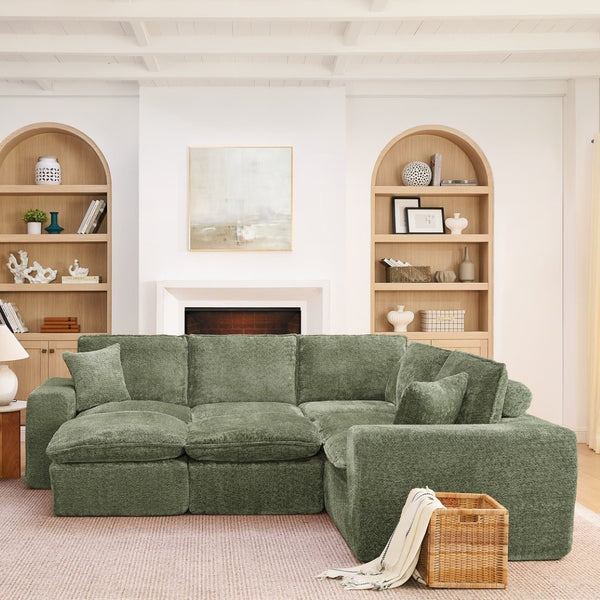English Elm 107'' Boucle Modular Sectional with Reversible Chaise and Two Ottomans for Living Room Green W1413S00166