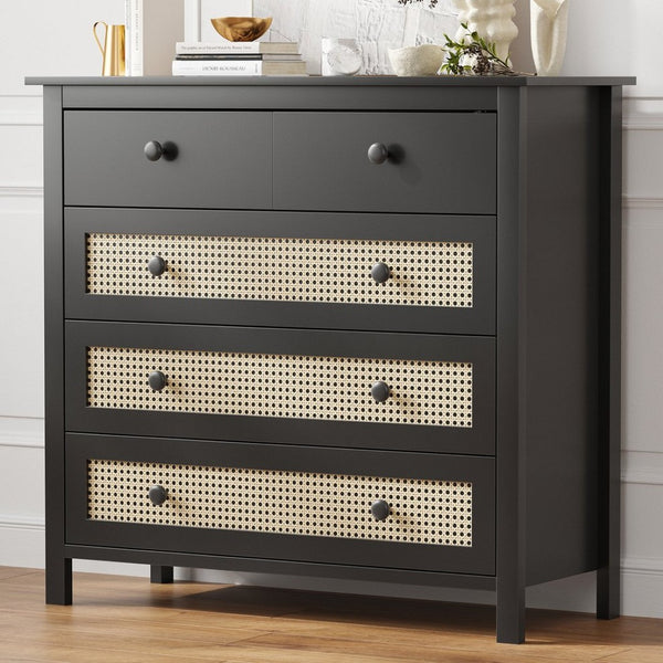 English Elm Sideboard Buffet Cabinet With 4 Drawers - Modern Black Storage Console For Kitchen & Living Room T3623P380111-GIGA