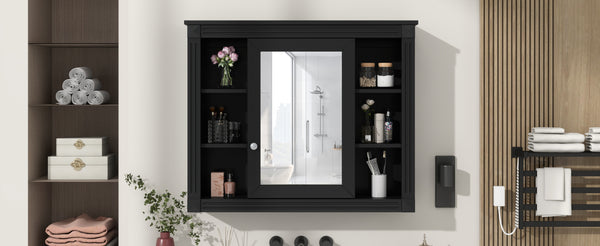 English Elm 35'' Modern Wall Medicine Cabinet with Mirror, Black MDF Storage, Soft-Close Hinges, Towel Rod, Adjustable Shelves N710P197128B