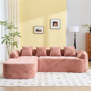 English Elm Pink chenille L-shaped sofa with high-elastic sponge, curved armrests, 4 throw pillows, 900lb capacity W3612S00018