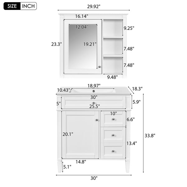 English Elm 30'' Modern Bathroom Vanity Set With Ceramic Sink & Mirror Cabinet - Stylish Storage Solution! SW000127AAK-1
