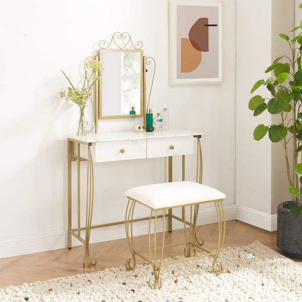 English Elm Vanity Table Set with Mirror Stool White Vintage Bedroom Dressing Storage Desk D66592206