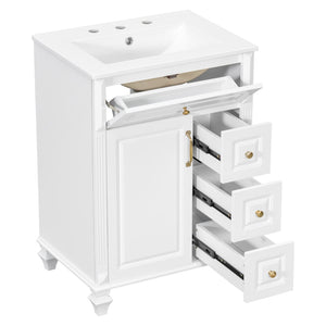 English Elm 24 Inch Freestanding Bathroom Vanity Solid Rubberwood Ceramic Sink Matte Finish Storage White N725P375626K