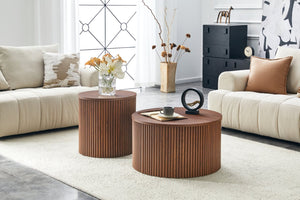 English Elm 2-piece Round Nesting Tables with Fluted Column Base Hidden Storage Oak Grain Finish Walnut W3875P396845