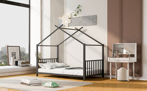 English Elm Twin Metal House Platform Bed with Slat Kit for Kids Sleepovers Sturdy Frame Elegant Silhouette 63.8"H Black MF322835AAB