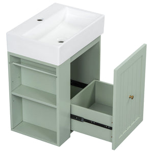 English Elm 20-Inch Compact Bathroom Vanity with Ceramic Sink, Wall-Mounted MDF Cabinet, Modern Space-Saver Design Green N725P314023F