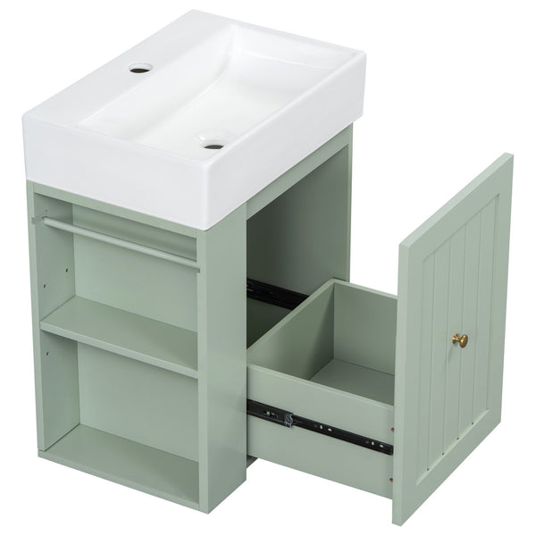 English Elm 20-Inch Compact Bathroom Vanity with Ceramic Sink, Wall-Mounted MDF Cabinet, Modern Space-Saver Design Green N725P314023F