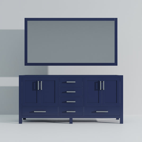 English Elm Navy Double Bath Vanity 72" W with 70" Mirror — Fully Assembled, 2 Cabinets, 6 Drawers, Shelf B2731S00521