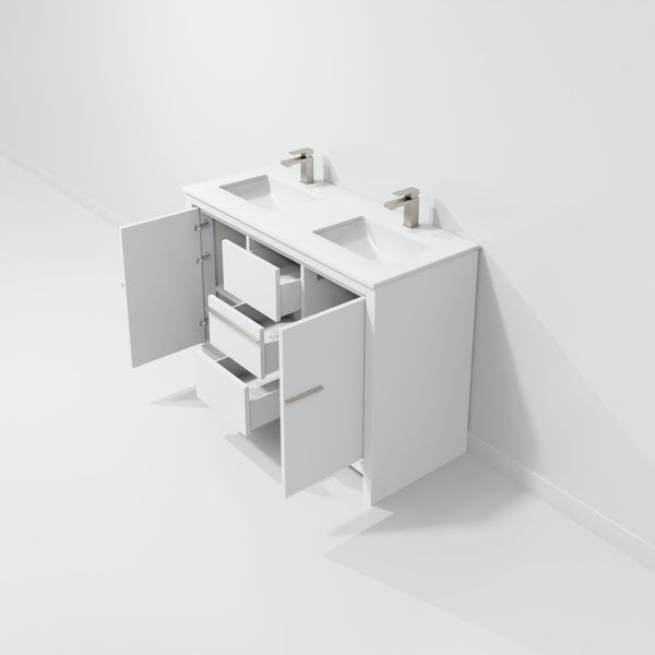 English Elm White Double Bath Vanity With Cultured Marble Top & Gun Metal Faucet - Elegant Storage Solution! B2731P259431-GIGA