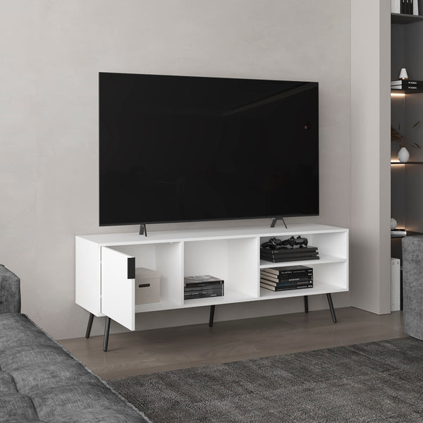 English Elm Long Beach TV Stand Modern White Engineered Wood with Large Cabinet & Open Shelves for Organized Living Room B092P269900
