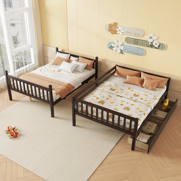 English Elm Full Full Over Full Rubber Wood Bunk Bed With 2 Storage Drawers, Convertible Into 2 Separate Beds, Espresso W504S00196