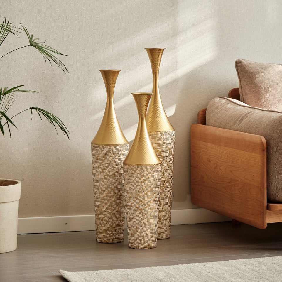 English Elm Floor Metal Vase Set - 3-Piece Modern Geometric Decor With Woven Texture & Glazed Finish,  Tall Accent W2796P255611