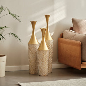 English Elm Floor Metal Vase Set - 3-Piece Modern Geometric Decor With Woven Texture & Glazed Finish,  Tall Accent W2796P255611