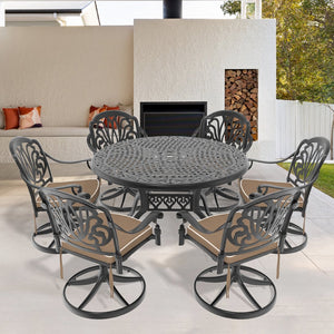 English Elm 7-Piece All-Weather Cast Aluminum Dining Set With 6 Swivel Chairs & Cushions For Ultimate Comfort W1710S00441
