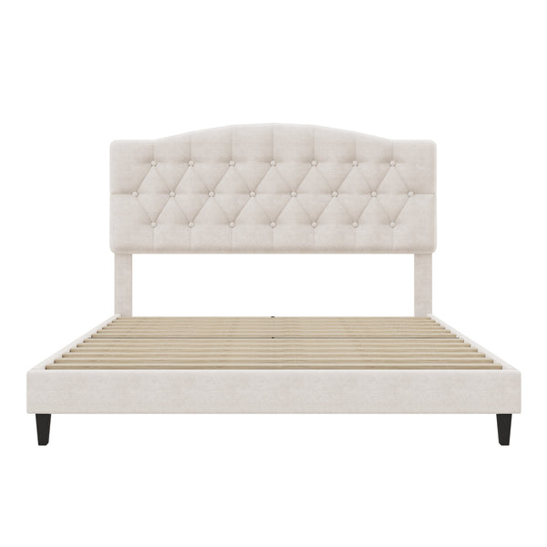English Elm Upholstered Diamond-Tufted Platform Bed with Two-Position Adjustable Headboard and Sturdy Support Beige 65.71 L x 26.89 W x 4.88 H N701P342915B