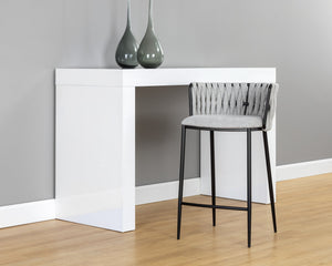 Sunpan Sarai Contemporary Barstool with Unique Weaved Backrest and Black Powder-Coated Steel Frame Belfast Heather Grey