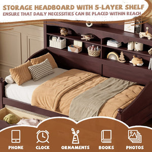 English Elm Twin Daybed Retro Wood Frame with Under Bed Drawers and Headboard Shelving Espresso N733S415358P