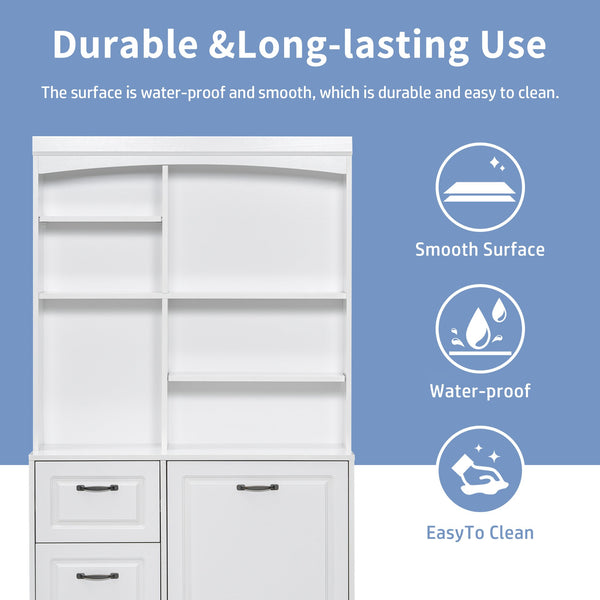 English Elm Bathroom Tall Storage Cabinet with Tilt-Out Hamper, 70.9" Linen Tower, 2 Drawers, Adjustable Shelves, White Finish N725P278420K