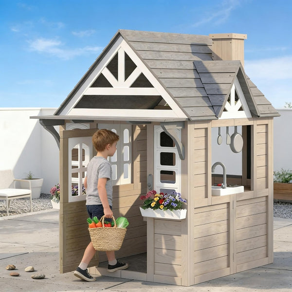 English Elm Backyard Fir Wood Kids Playhouse with Plant Boxes Retro Windows and Rain Resistant Roof T3971P491775