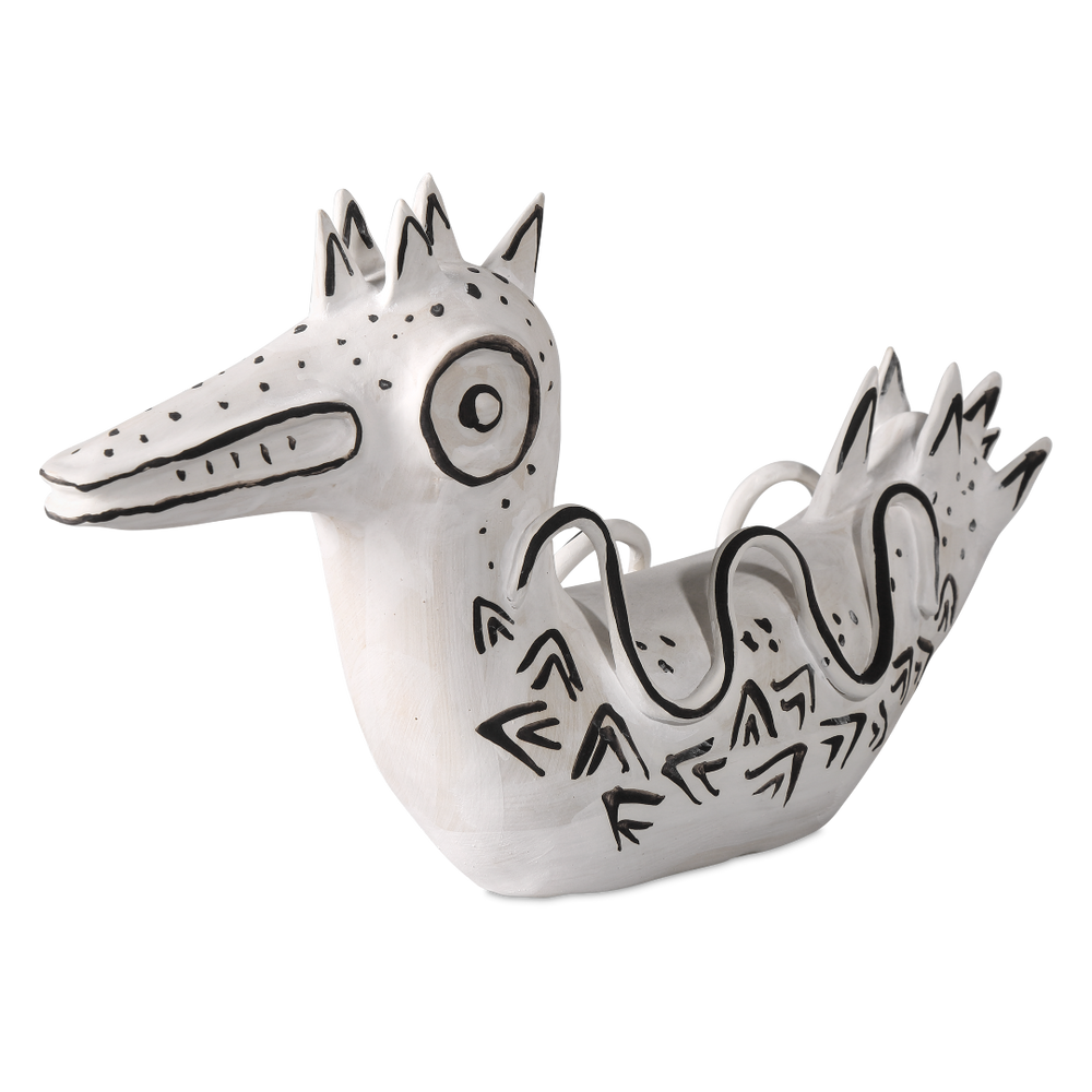 Eunice the Duck: Artistic Porcelain Vessel in Washed White with Black Details for Modern Spaces