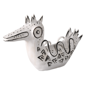 Eunice the Duck: Artistic Porcelain Vessel in Washed White with Black Details for Modern Spaces