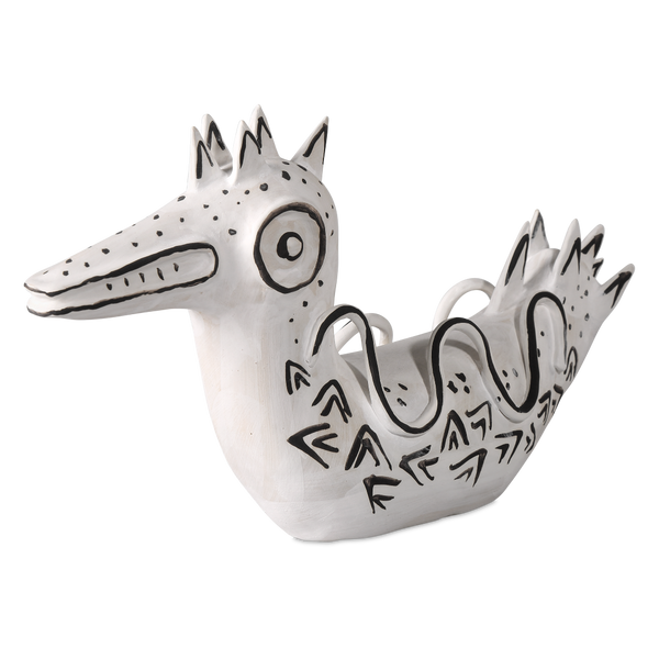 Eunice the Duck: Artistic Porcelain Vessel in Washed White with Black Details for Modern Spaces