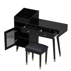 English Elm Modern Makeup Vanity Desk with Reeded Glass Door, 4-Compartment Cubby, Charging Port & Stool Comfortable Craftsmanship for Compact Spaces Black N844P285187B