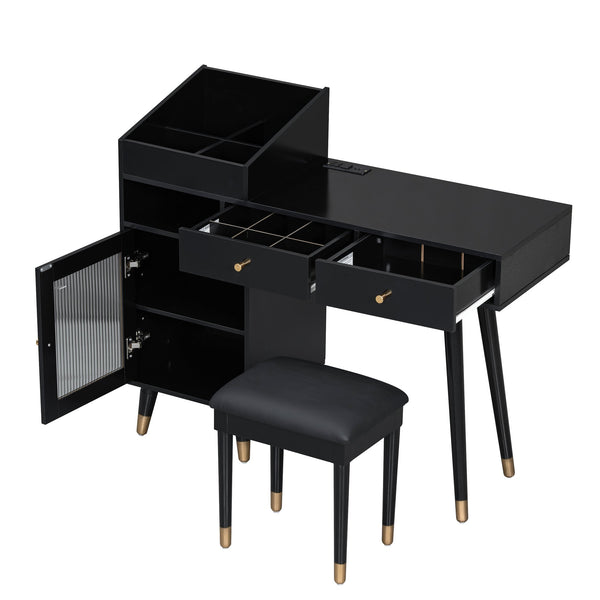 English Elm Modern Makeup Vanity Desk with Reeded Glass Door, 4-Compartment Cubby, Charging Port & Stool Comfortable Craftsmanship for Compact Spaces Black N844P285187B