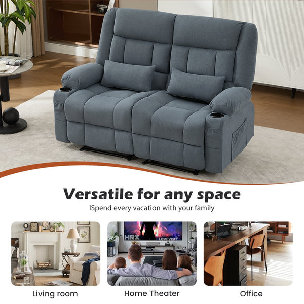 English Elm Recliner Oversized Manual Loveseat with Cup Holders and Side Pocket, Ergonomic 150° Recline, 600lb Capacity Blue W1521S00075