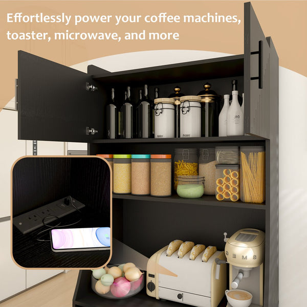 English Elm 71" Kitchen Storage Cabinet with Charging Station, Black MDF Pantry, Anti-Tip, Drawer & Countertop W2227P160486