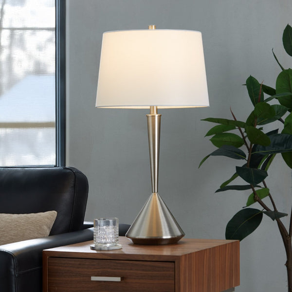 English Elm Metal Brushed Nickel Pair Table Lamps Linen Tapered Shade Bedroom Living Room B202P471589