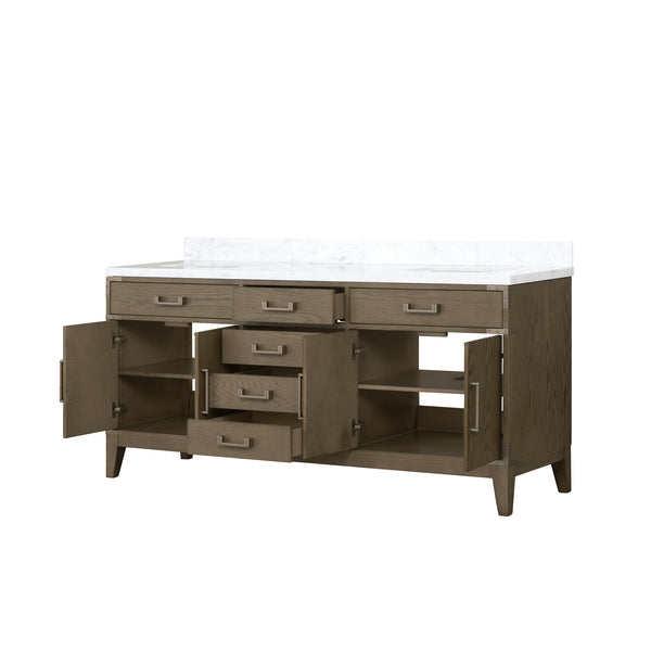 English Elm Grey Oak Double Bath Vanity 72" W With Carrara Marble Top, Ample Storage & Soft-Close Drawers B2731P259892