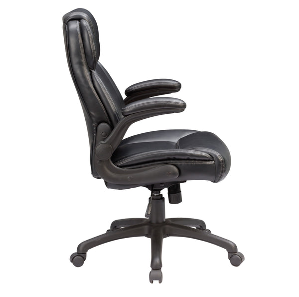 English Elm Adjustable Bonded Leather Office Chair with Butterfly Mechanism, 360° Swivel, Padded Headrest & Flip-Up Arms for Ergonomic Comfort and Productivity Black 27 L x 26 W x 15 H B2741P281451