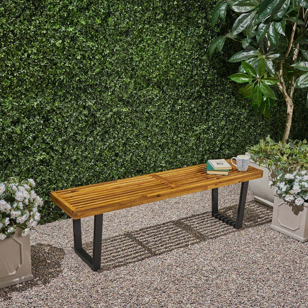 English Elm Metal/solid Acacia Wood Outdoor Bench Gray Wash Finish Iron Legs Patio Seating N768P403945T