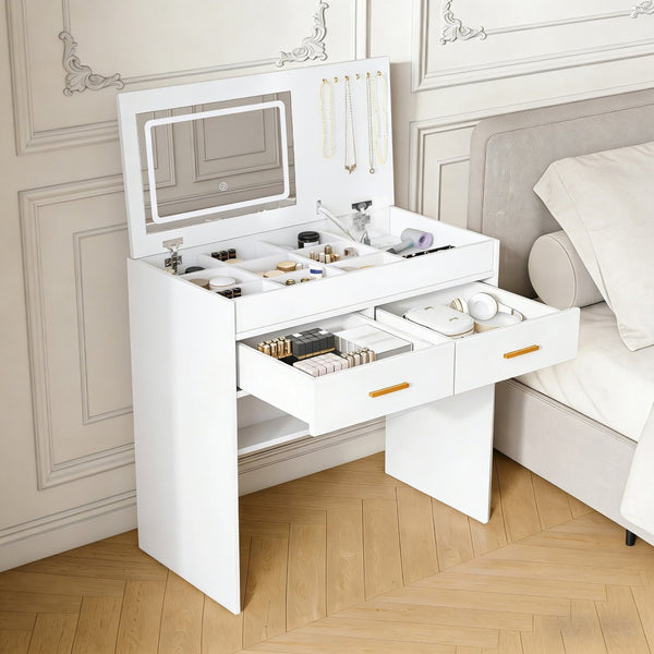 English Elm Flip Top Makeup Vanity Desk with Led Mirror Built-in Outlet and Jewelry Hooks W2699P404630