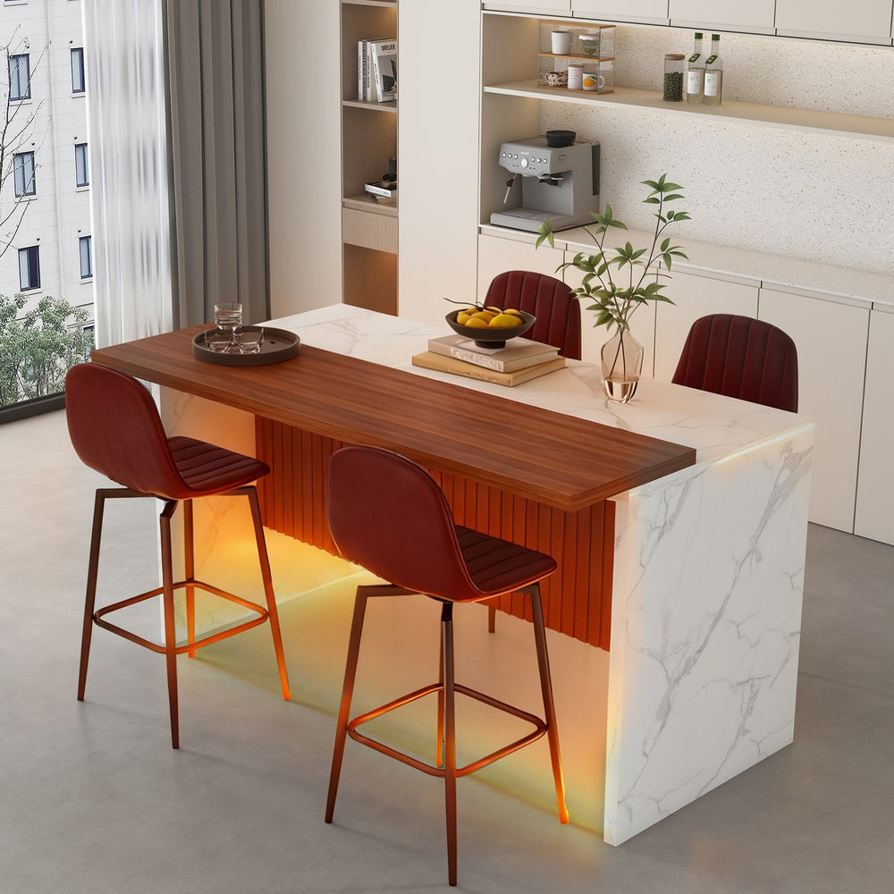 English Elm 63-Inch Modern Kitchen Island Set With 4 Dark Brown Bar Stools - Elegant Marble Surface & Led Glow W2699S00069