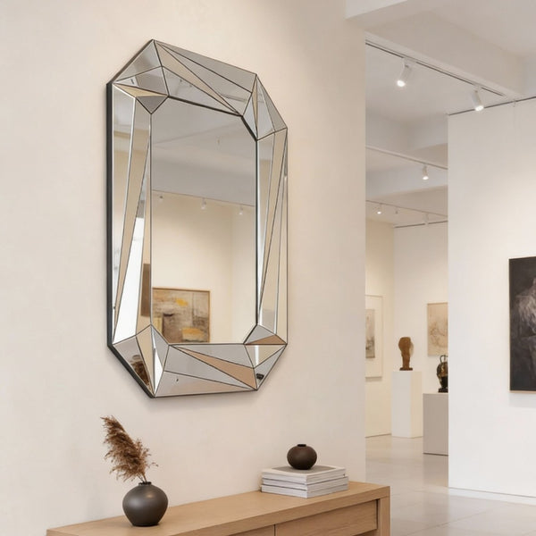 English Elm Diamond Frameless Beveled Wall Mirror Sculptural Silver Glass Accent for Any Room W3836P409964