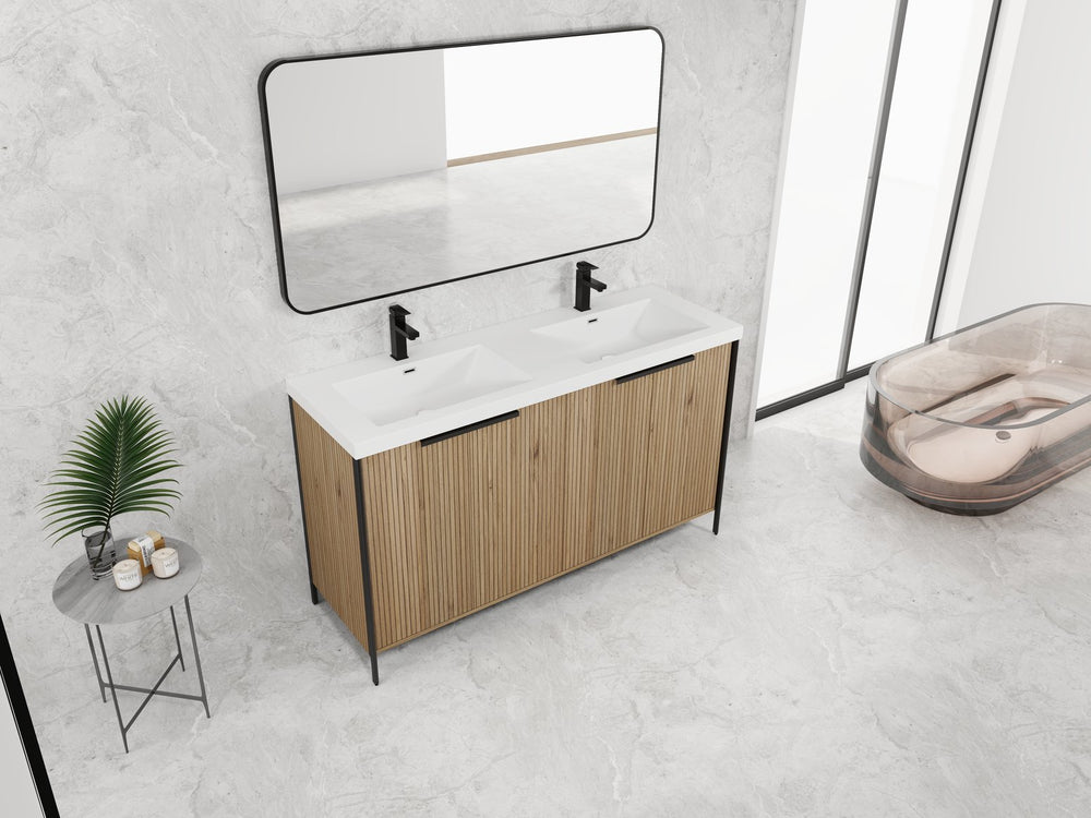 English Elm 60" Freestanding Bathroom Vanity with Double Resin Sink, Soft-Close Doors, Adjustable Shelves, Water-Resistant Finish W999S00383