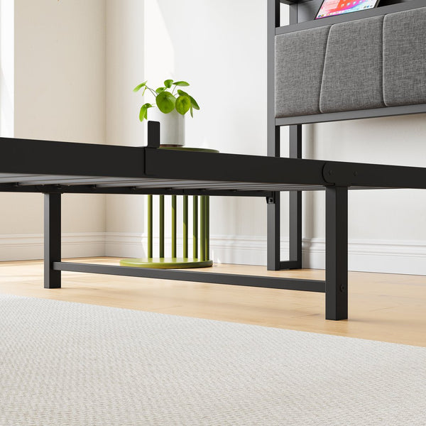 English Elm Twin Twin Size Bed Frame with Storage Headboard & Charging Station, Gray Upholstered, Sturdy 300lb Support W840P179116