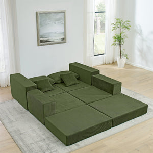 English Elm Modular Cloud Sectional Sofa with Corduroy Upholstery, Deep-Seat Sleeper Loveseat, Removable Ottoman, No-Assembly Comfort and Customizable Configuration Green W1117P357544
