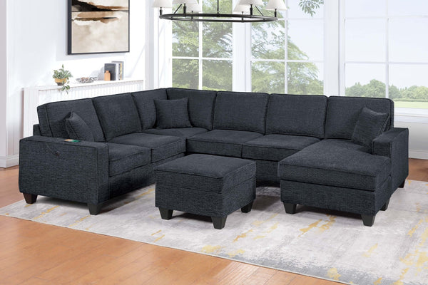 English Elm Contemporary Chenille U-shape Sectional with Usb Charging Chaise and Ottoman Included Black,Slate B011S02189