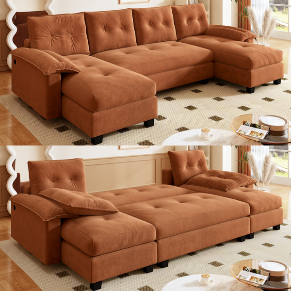 English Elm 104.7" U-Shaped Sleeper Sofa with Pull-Out Bed, Convertible Modular Sectional with Chaise, USB Ports, Chenille Upholstery Orange W1885S00213