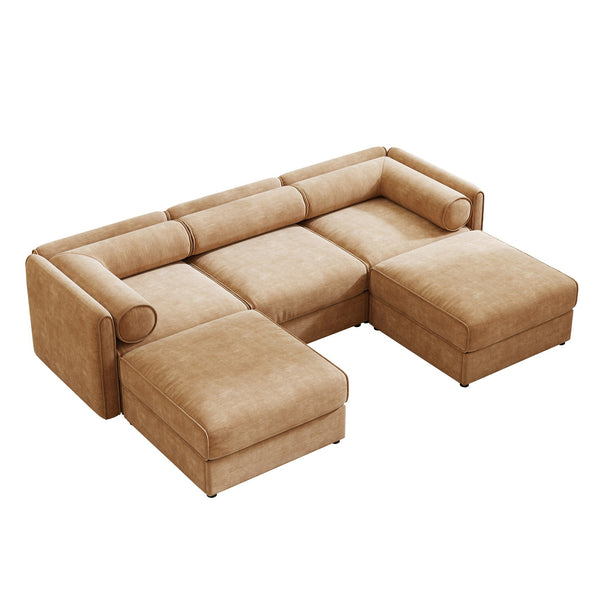 English Elm Elegant Camel Chenille Sofa With Storage & Ottoman - U-Shaped 3-Seater, Modern Comfort & Style W714S01229
