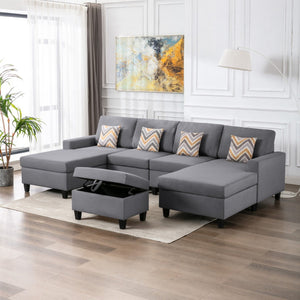 English Elm Nereo Gray Linen Double Chaise Sectional with Storage Ottoman for Spacious Living B2749S00126