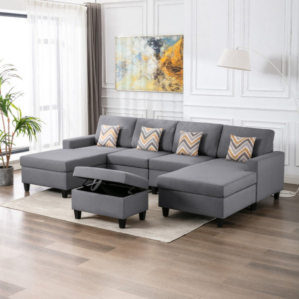 English Elm Nereo Gray Linen Double Chaise Sectional with Storage Ottoman for Spacious Living B2749S00126